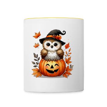 Halloween-Eule im Kürbis:herbstlicher Gruselspaß - Tasse zweifarbig - Weiß/Gelb - Vorne