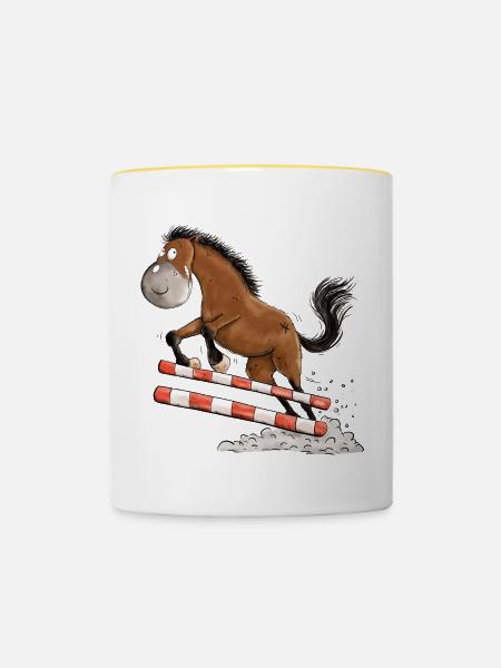 Witziges Springpferd Springreiten Tunier Pferd - Tasse zweifarbig - Weiß/Gelb