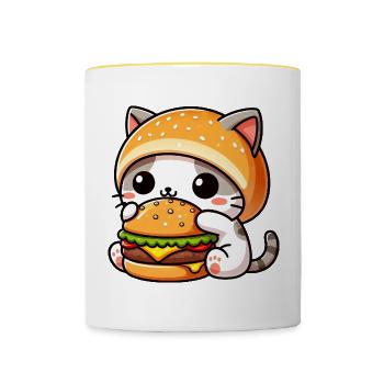 Dessin animé de chat mignon avec hamburger amateur de restauration rapide - Mug contrasté - blanc/jaune - Devant