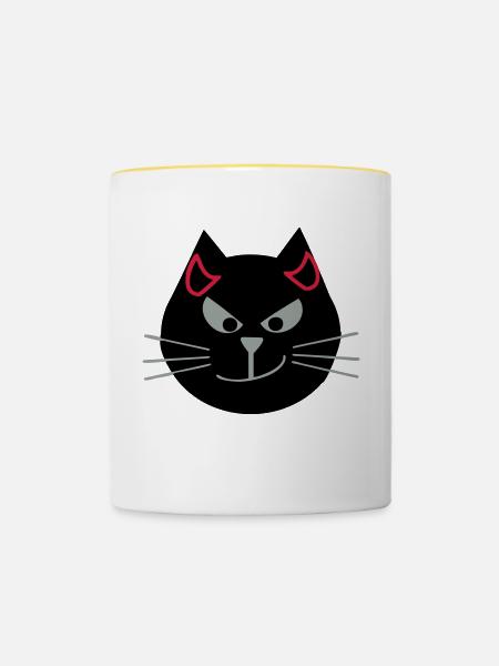 Katze mit Teufelshörnern - Tasse zweifarbig - Weiß/Gelb