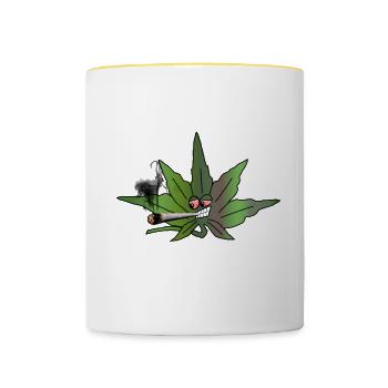 Grünes Blatt mit Joint Cartoon - Tasse zweifarbig - Weiß/Gelb - Vorne