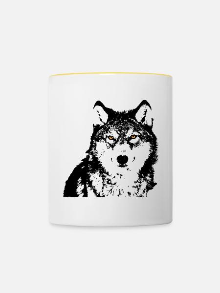 Schwarze Wolfaugen - Tasse zweifarbig - Weiß/Gelb