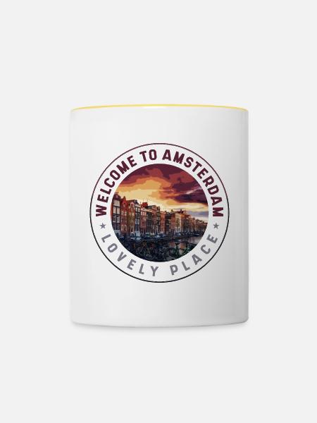 Willkommen in Amsterdam – Lieblingsplatz - Tasse zweifarbig - Weiß/Gelb