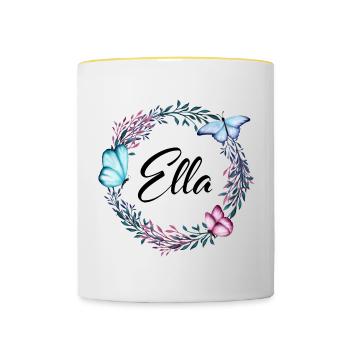 Ella, Name, Schriftzug, Blumenkranz, Geschenk - Tasse zweifarbig - Weiß/Gelb - Vorne