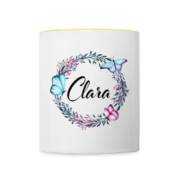 Clara, nom, lettrage, couronne de fleurs, cadeau - Mug contrasté - blanc/jaune - Devant