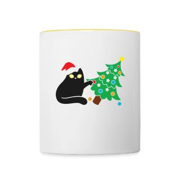 Cat Christmas Quote Black Cat Pushing Christmas Tr - Contrasting Mug - white/yellow - Front