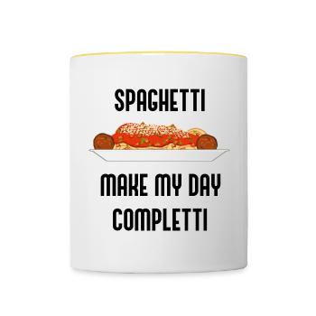 Spaghetti machen alles Completti Ironic Quote - Tasse zweifarbig - Weiß/Gelb - Vorne