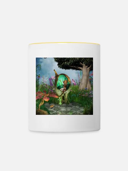 Kleine Fee mit ihrer Katze - Tasse zweifarbig - Weiß/Gelb