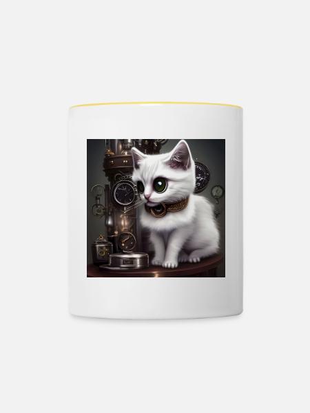 Kleine Steampunk-Katze - Tasse zweifarbig - Weiß/Gelb
