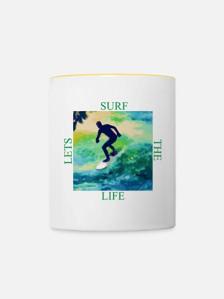 Surfer auf Farbwellen - Tasse zweifarbig - Weiß/Gelb