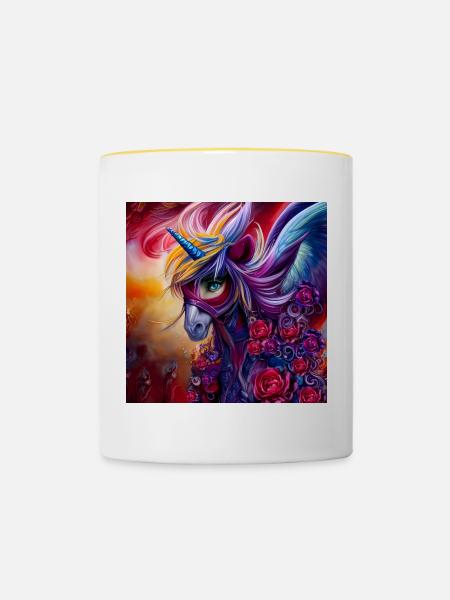 Wunderbares buntes Einhorn mit Blumen. - Tasse zweifarbig - Weiß/Gelb