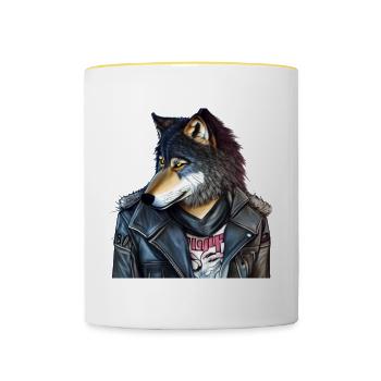 Beau portrait de Lobo avec un coupe-vent en cuir - Mug contrasté - blanc/jaune - Devant