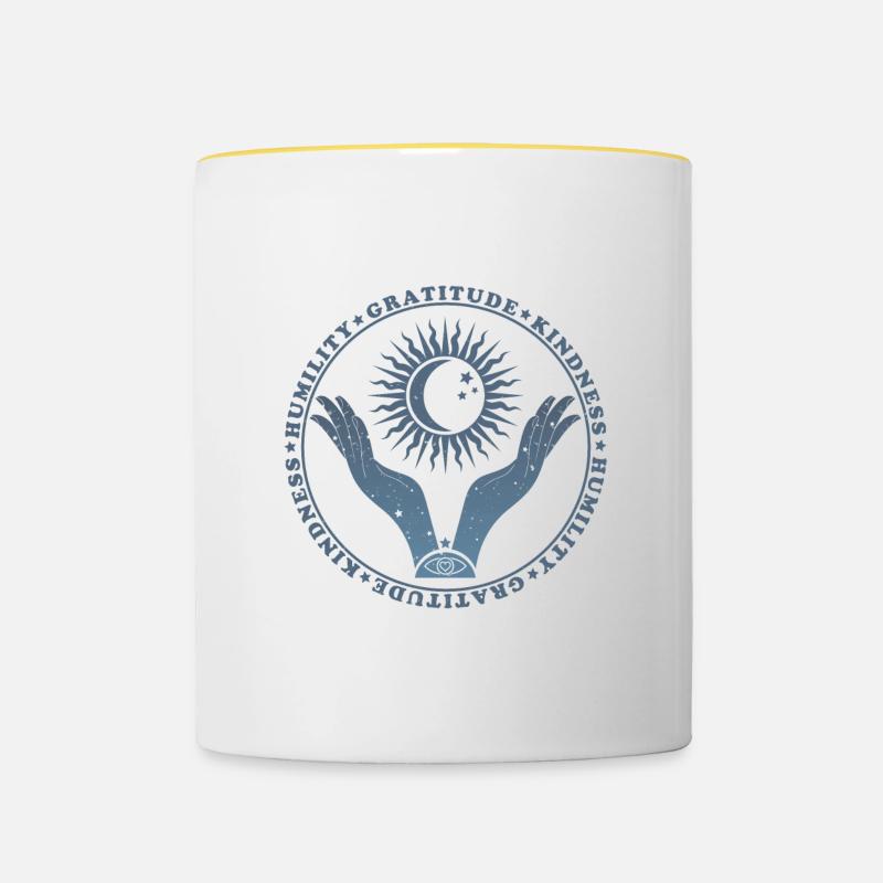 Humility - Gratitude - Kindness - Boho Design - Contrasting Mug - white/yellow