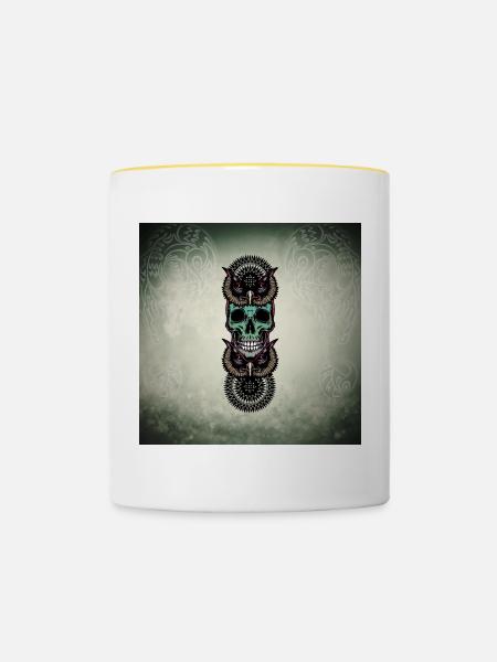 Totenkopf mit Eule - Tasse zweifarbig - Weiß/Gelb