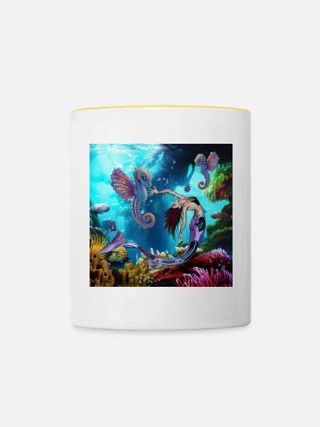 Wunderbare Meerjungfrau mit Seepferdchen - Tasse zweifarbig - Weiß/Gelb