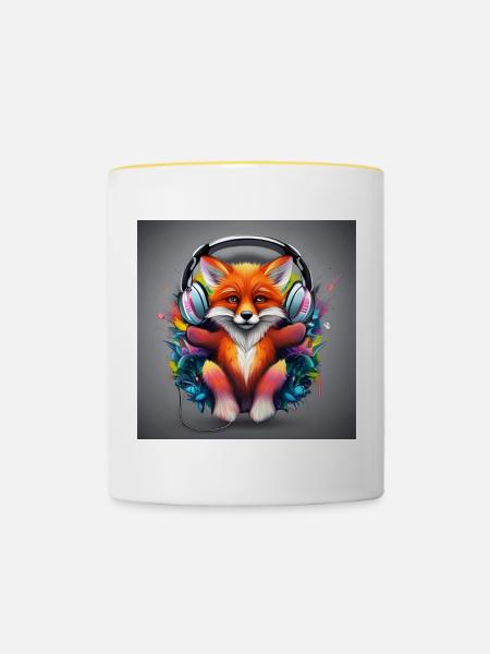 Fuchs mit Kopfhörer Farbexplosion - Tasse zweifarbig - Weiß/Gelb