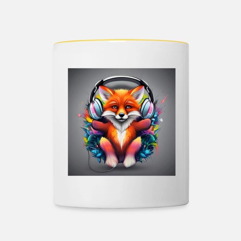 Fuchs mit Kopfhörer Farbexplosion - Tasse zweifarbig - Weiß/Gelb