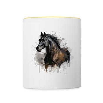 Pferd Schwarz Pferdeliebhaber Splash Aquarell - Tasse zweifarbig - Weiß/Gelb - Vorne