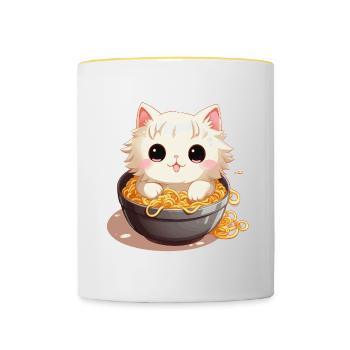 Chat Kawaï dans un bol de nouilles japonaise - Mug contrasté - blanc/jaune - Devant