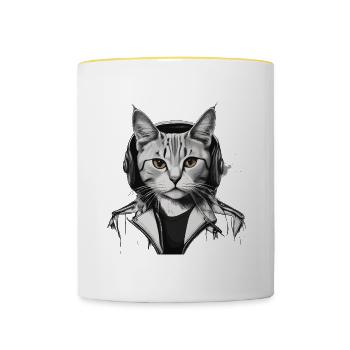 Katze Kopfhörer Musik - Tasse zweifarbig - Weiß/Gelb - Vorne