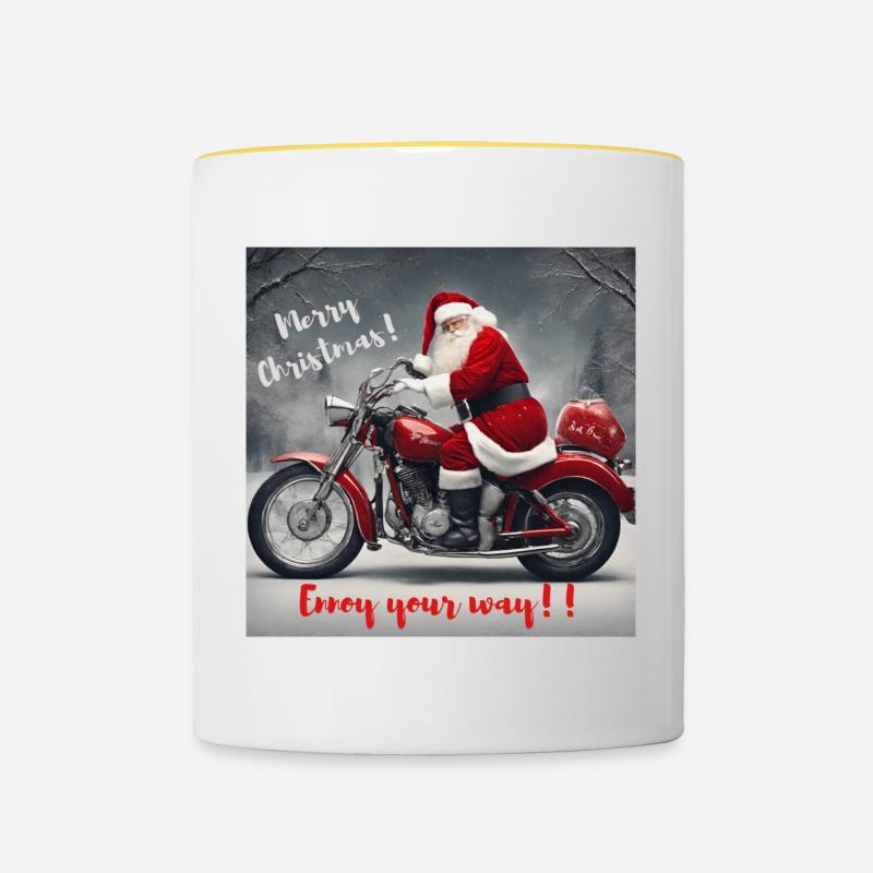 Père Noël à moto - Mug contrasté - blanc/jaune