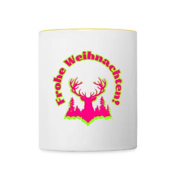 Frohe Weihnachten Hirsch im Wald neon pink grün - Tasse zweifarbig - Weiß/Gelb - Vorne