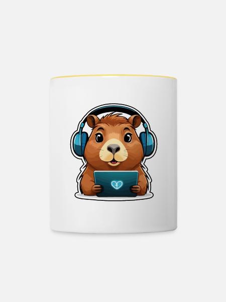 Capybara mit Computer - Tasse zweifarbig - Weiß/Gelb