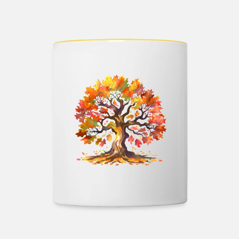 Eiche mit Herbstlaub Aquarell - Tasse zweifarbig - Weiß/Gelb