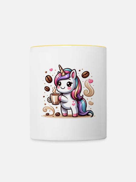 Einhorn-Café-Süchtiger: Magische Kaffeepause - Tasse zweifarbig - Weiß/Gelb