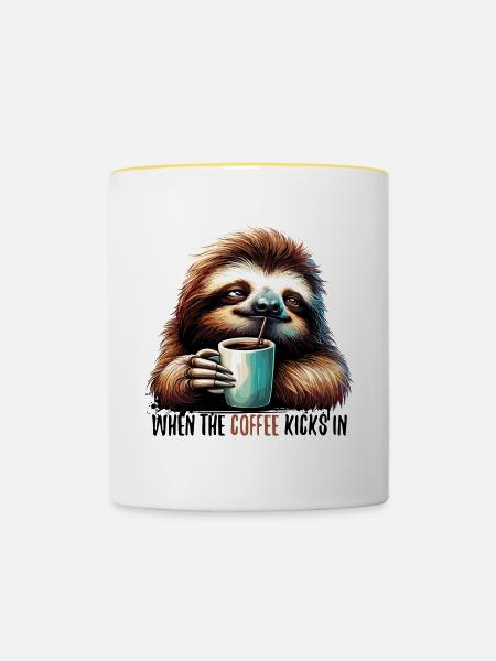 Faultier Kaffee kickt Geschenk - Tasse zweifarbig - Weiß/Gelb