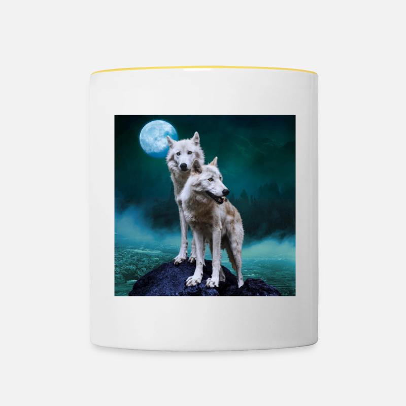 Loups blancs / Deux loups blancs - Mug contrasté - blanc/jaune