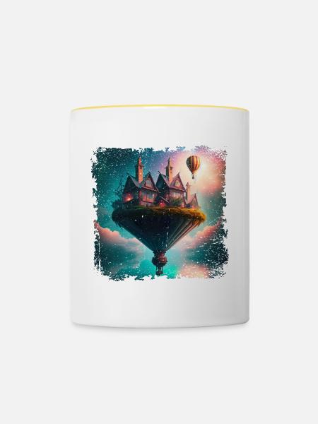 Fantasy schwebendes Dorf - Tasse zweifarbig - Weiß/Gelb