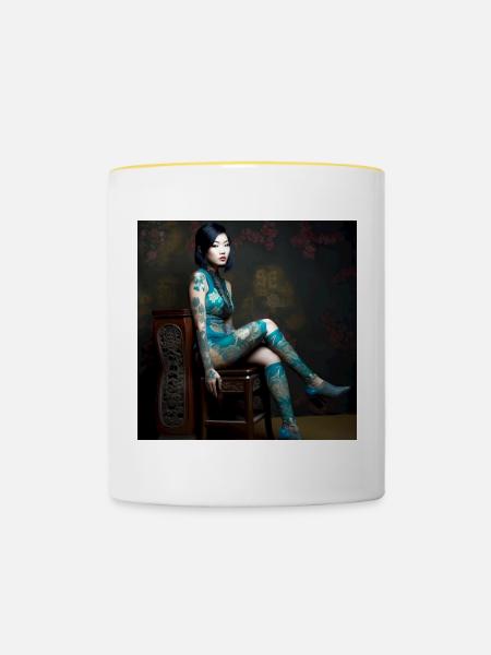 Portrait Frau 05 Tattoo - Tasse zweifarbig - Weiß/Gelb