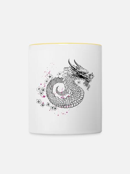 Drache mit Kirschblüten Sakura Style - Tasse zweifarbig - Weiß/Gelb