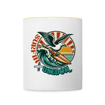 möwe Usedom T-Shirt – Ostsee Streetwear Design - Tasse zweifarbig - Weiß/Gelb - Vorne