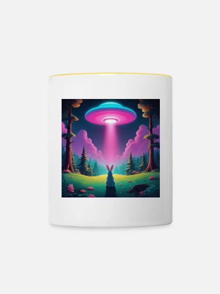UFO mit Hase - Tasse zweifarbig - Weiß/Gelb