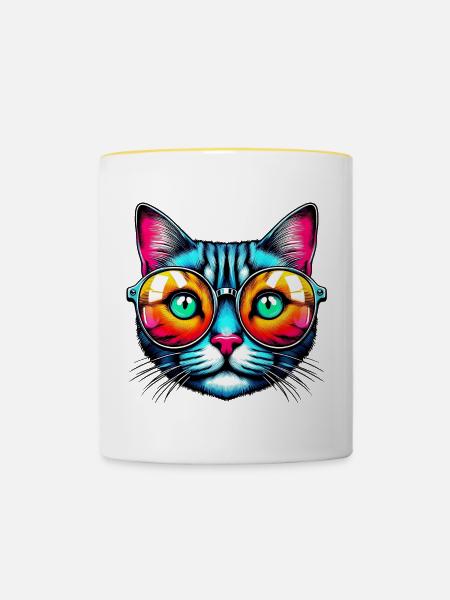 Kater mit Sonnenbrille - Tasse zweifarbig - Weiß/Gelb