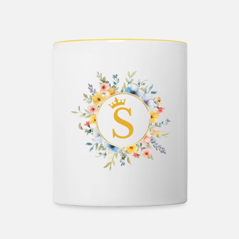 S Monogram, Flower Circle, Personalizable - Contrasting Mug - white/yellow