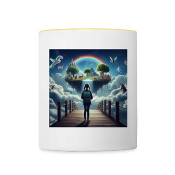 Île de rêve avec arc-en-ciel et créatures mythiques - Mug contrasté - blanc/jaune - Devant