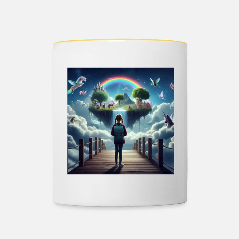 Île de rêve avec arc-en-ciel et créatures mythiques - Mug contrasté - blanc/jaune