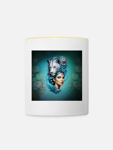 Fesselnde Frau mit majestätischem Löwenkopf - Tasse zweifarbig - Weiß/Gelb
