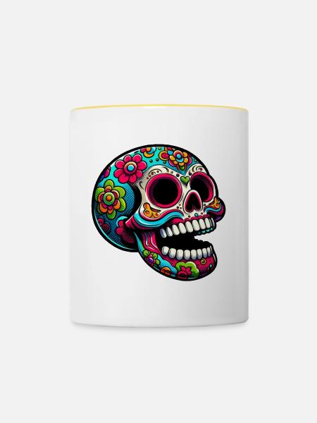 Bunte Totenkopf-Illustration mit Blumen - Tasse zweifarbig - Weiß/Gelb