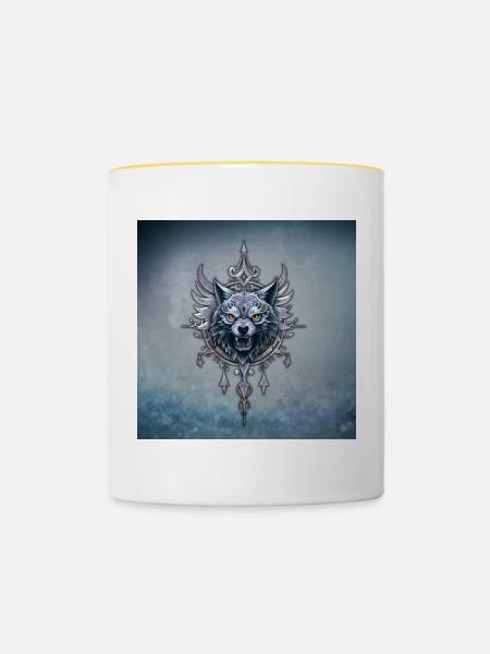 Mystischer Wolfskopf. - Tasse zweifarbig - Weiß/Gelb