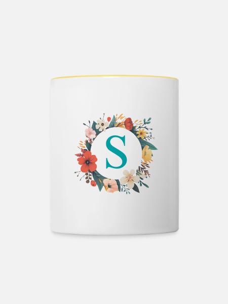 S Monogramm, Blumen-Kranz, personalisierbar - Tasse zweifarbig - Weiß/Gelb