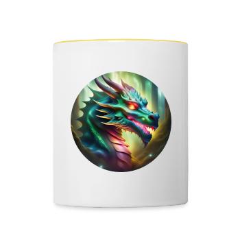 Ein mystischer Drachenkopf - Tasse zweifarbig - Weiß/Gelb - Vorne