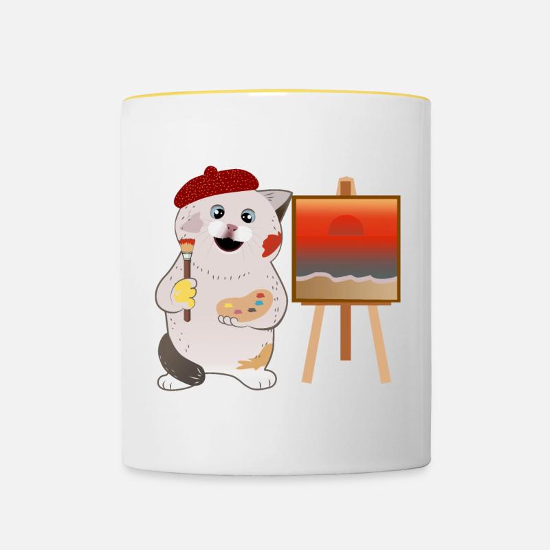 cute cat painter - Contrasting Mug - white/yellow