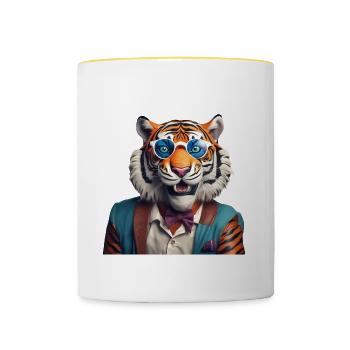 Tigre sophistiqué avec lunettes de soleil bleues - Mug contrasté - blanc/jaune - Devant
