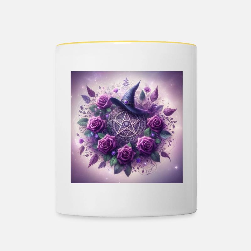 Pentagram with Witches Hat Purple - Contrasting Mug - white/yellow