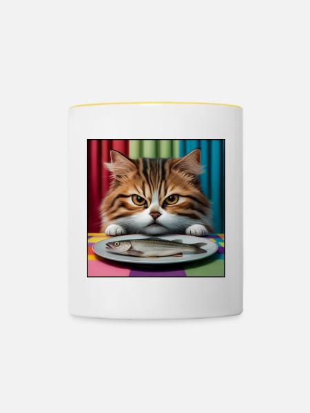 Katze mit Fisch - Tasse zweifarbig - Weiß/Gelb