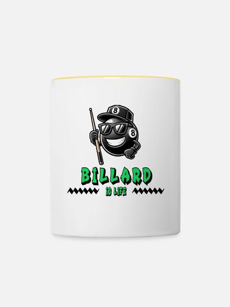 Billard ist Leben – Cooles 8-Ball Design - Tasse zweifarbig - Weiß/Gelb